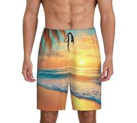 Pantaloncini da Pigiama da Uomo con Tasche e Stampa di Un Tramonto Tropicale sulla Spiaggia, Ideali per Il Tempo Libero e la casa.