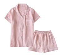 Pantaloncini da pigiama in cotone 2 pezzi da donna Set di 2 camicie con risvolto alto con bottone Loungewear Homewear Biancheria da notte Tinta unita Pijamas Top Pigiama da donna Manica Corta, Rosa