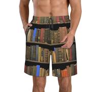 Pantaloncini da spiaggia da uomo alla moda con stampa libreria biblioteca pantaloncini da bagno leggeri comodi pantaloncini da bagno estivi casual gite vacanze, bianco, 3XL