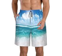 Pantaloncini da spiaggia da uomo con stampa di paesaggio marino tropicale cielo blu, traspirante, confortevole, spiaggia, vacanze, feste, bianco, M