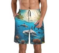 Pantaloncini da spiaggia funzionali con stampa di delfini, tartaruga marina, squalo, polipo, corallo, ad asciugatura rapida, alla moda, comodi per le vacanze estive, bianco, L