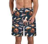 Pantaloncini da spiaggia funzionali con stampa di pesce e polipo, ad asciugatura rapida, alla moda, comodi per le vacanze estive, bianco, 3XL