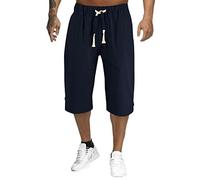 Pantaloncini da uomo a 3/4, in cotone e lino, pantaloni cargo da uomo elasticizzati in vita, pantaloni corti da lavoro, leggeri, estivi, spiaggia, yoga, pantaloni corti elasticizzati in vita con