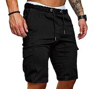 Pantaloncini da uomo elasticizzati in vita multi tasche, leggeri, stile militare, con coulisse, vestibilità comoda, pantaloncini militari (nero, M)