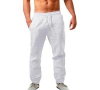 Pantaloncini da uomo in cotone e lino, leggeri, con polsini, elastico in vita con coulisse, a gamba dritta, pantaloni casual estivi leggeri, per yoga e spiaggia, bianco, M