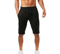 Pantaloncini da uomo in cotone e lino, pantaloni sportivi corti al ginocchio, estivi, da spiaggia, con elastico in vita, con tasche, traspiranti, vestibilità comoda, tinta unita, casual, vacanze, Nero