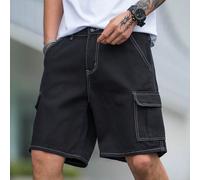 Pantaloncini da uomo in denim a vestibilità ampia con tasche a patta e design laterale, jorts larghi e distressati neri, per lavoro, amicizia e basicità L,M,S,XL,XS,XXLColore unicoDenim