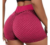 Pantaloncini da yoga da donna in tessuto a nido d'ape traspirante per un'elevata libertà di movimento con taglio a vita, Colore: rosso, L