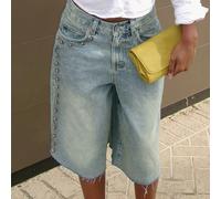 Pantaloncini di jeans bermuda a gamba dritta senza elasticità, lavaggio chiaro, con dettagli di perline e tasche, una scelta casual chic perfetta per l'estate, per le donne L,M,S,XL,XSDenim