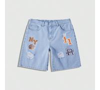 Pantaloncini di jeans casual e alla moda per ragazzi adolescenti, con stampa di lettere e pallacanestro, effetto vissuto, adatti per l'uso quotidiano e il tempo libero in estate 14Y,13Y,16Y,15YGrafico