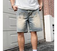 Pantaloncini di jeans da uomo con toppe con lettere, ampi e rovinati con strappi ai ginocchi, di colore blu chiaro, in stile vintage urbano L,M,S,XL,XXLLettere,Ombrato,stampa dappertuttoDenim