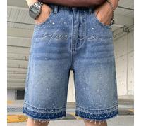 Pantaloncini di jeans larghi e casual da ragazzo pre-adolescente, in stile Y2K vintage, con lettere scintillanti, adatti per l'uso quotidiano, dalla primavera all'estate, per rave, festival e streetwe
