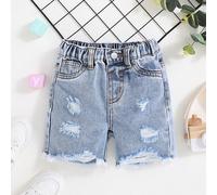 Pantaloncini di jeans larghi e strappati in stile boho casual per bambini, lavaggio pietra, con tasche con toppe, per la stagione estiva 6-9M,9-12M,12-18M,18-24M,2-3YColore unicoDenim
