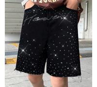 Pantaloncini di jeans neri larghi con design di lettere scintillanti e strass, stile casual Y2K vintage, adatti per ragazzi pre-adolescenti, per uso quotidiano, autunno/inverno, ritorno a scuola, rito