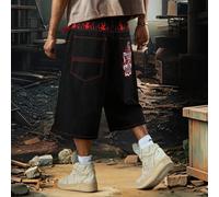Pantaloncini di jeans neri larghi e ampi in stile coreano con ricamo bicolore sulle tasche - pantaloni casual versatili estivi di media lunghezza sopra il ginocchio (cintura e accessori non inclusi) L