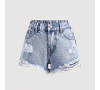 Pantaloncini di jeans per ragazze pre-adolescenti nello stile Y2K, lavaggio chiaro, casual e versatili, con strappi e orlo grezzo, adatti per l'estate, la spiaggia, le vacanze boho, i concerti estivi,