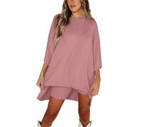 Pantaloncini Donna Estivi Completo due pezzi tinta unita basic versatile for la vita quotidiana taglie forti con scollo rotondo, maniche corte, top con spalle scese e pantaloncini larghi for F(Pink,S)