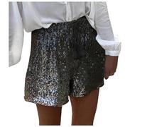 Pantaloncini Donna Estivi con Paillettes Vita Alta Larghi Stile A Scintillanti Eleganti Comodi Elastico Morbidi Pantaloni Corti Festa Club Moda Lucidi (Black, L)