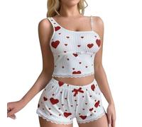 Pantaloncini e Top Set Donna 2 Pezzi Stampa Cuore Pigiama Estivo Set Girocollo Senza Maniche Cami Top + Pantaloncini, Sexy Una Spalla PJ Set Regalo di San Valentino Morbido Elastico Loungewear