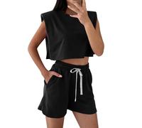 Pantaloncini E Top Set Donne Sport, Plain Set Crop Girocollo Maniche Top Coulisse Coulisse Elastico Wasit Shors Con Tasche Confortevole Activewear Sportwear Yoga Set Abbigliamento Abbigliamento, Nero