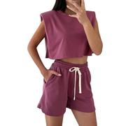 Pantaloncini E Top Set Donne Sport, Plain Set Crop Girocollo Maniche Top Coulisse Coulisse Elastico Wasit Shors Con Tasche Confortevole Activewear Sportwear Yoga Set Abbigliamento Abbigliamento, Rosso
