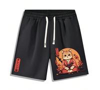 Pantaloncini estivi casual da uomo con stampa giapponese Ukiyo-E di samurai e gatto, con laccetti, leggeri, elastici, con tasche, adatti per attività all'aperto L,M,S,XL,XXL,XXXLLettereTessuto in magl