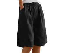 Pantaloncini estivi da donna in cotone e lino, vestibilità larga, con elastico in vita, lunghezza al ginocchio, bermuda casual a gamba larga, pantaloni corti da spiaggia con tasche