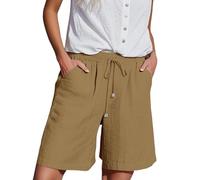 Pantaloncini Estivi da Donna in Lino e Cotone Pantaloni Corti Casual da Donna con Laterali e Elastico in Vita Tutti i Giorni di Media Lunghezza Elasticizzati Cotone Lino Leggeri (Coffee S)