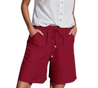 Pantaloncini Estivi da Donna in Lino e Cotone Pantaloni Corti Casual da Donna con Laterali e Elastico in Vita Tutti i Giorni di Media Lunghezza Elasticizzati Cotone Lino Leggeri Shorts (Wine M)