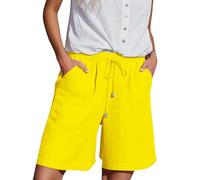 Pantaloncini Estivi da Donna in Lino e Cotone Pantaloni Corti Casual da Donna con Laterali e Elastico in Vita Tutti i Giorni di Media Lunghezza Elasticizzati Cotone Lino Leggeri (Yellow S)