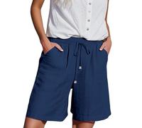 Pantaloncini Estivi da Donna in Lino e Cotone Pantaloni Corti Casual da Donna con Laterali e Elastico in Vita Tutti i Giorni di Media Lunghezza Elasticizzati Cotone Lino Leggeri Shorts (Navy XL)