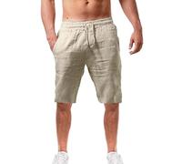Pantaloncini estivi da uomo in cotone e lino, leggeri e traspiranti, per vacanze, spiaggia, pantaloni corti, casual, a gamba larga, con coulisse, elastico in vita, con tasche, Beige, S