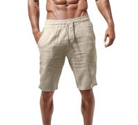 Pantaloncini estivi da uomo in lino con tasche, pantaloni corti da spiaggia, sportivi, a 3/4, in lino, larghi, in tessuto elastico, in vita, leggeri, da basket, per vacanze, da spiaggia, beige., 4XL