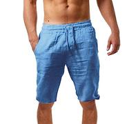 Pantaloncini estivi da uomo, in lino, leggeri e ariosi, in tinta unita, vestibilità comoda, per il tempo libero, per lo sport all'aria aperta, con tasche, da uomo, per il tempo libero, Blu scuro, L