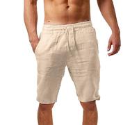 Pantaloncini estivi da uomo, in lino, leggeri e ariosi, in tinta unita, vestibilità comoda, per il tempo libero, per lo sport all'aria aperta, con tasche, da uomo, per il tempo libero, beige., XXL