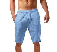 Pantaloncini estivi da uomo, in lino, leggeri e ariosi, in tinta unita, vestibilità comoda, per il tempo libero, per lo sport all'aria aperta, con tasche, da uomo, per il tempo libero, Celeste., 3XL