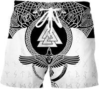 Pantaloncini estivi vichinghi per uomo Pantaloncini da spiaggia con motivo a corvo nordico Odin Pantaloncini sportivi ad asciugatura rapida Pantaloncini da bagno con stampa 3D ( Color : Crow D , Size