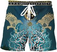 Pantaloncini estivi vichinghi per uomo Pantaloncini da spiaggia con motivo a corvo nordico Odin Pantaloncini sportivi ad asciugatura rapida Pantaloncini da bagno con stampa 3D (Color : Crow A, Size
