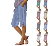 Pantaloncini gessati da donna in cotone e lino, lunghezza al ginocchio, con abbottonatura e orlo diviso, pantaloncini corti morbidi per il sonno, pantaloni da pigiama quotidiani con elastico in vita