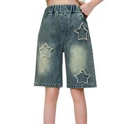Pantaloncini in denim lunghi al ginocchio per ragazze Pantaloncini in jeans a forma di cuore stella Pantaloncini estivi larghi strappati pantaloni bermuda elastici in vita Y2K Hip Hop Streetwear