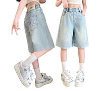 Pantaloncini in denim lunghi al ginocchio per ragazze Pantaloncini in jeans a forma di cuore stella Pantaloncini estivi larghi strappati pantaloni bermuda elastici in vita Y2K Hip Hop Streetwear