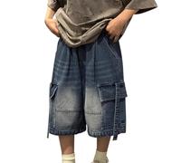 Pantaloncini in denim per ragazzi Y2K larghi estetici pantaloncini cargo per bambini a vita alta pantaloni hip hop lunghezza al ginocchio vita elasticizzata jeans vintage con tasche Streetwear, C-Blu