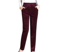Pantaloncini in velluto a coste stretch da donna - Leggings invernali spessi e caldi, pantaloni tinta unita, pantaloni a vita alta, pantaloni chic, pantaloni rilassati con due tasche, Vino, L