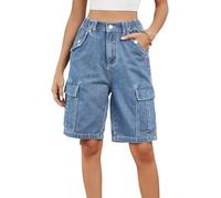 Pantaloncini Jean Donna Elastico Vita Loose Fit Gamba Dritta Denim Breve 2024 Bermuda Cargo alla Moda,Blu,S
