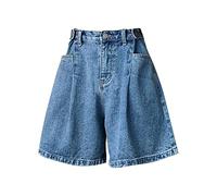 Pantaloncini jeans 2026 a gamba larga arrotolati per donna a vita alta, versatili e larghi, in stile sottile, da donna, Blu, L