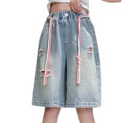 Pantaloncini Jeans Estivi Ragazze,Pantaloncini Corti da Ragazza con Elastico in Vita Tasche Lunghezza al Ginocchio Bambine Denim Shorts Estate Pantaloni Baggy per Bambini e Adolescenti, 3-16 Anni