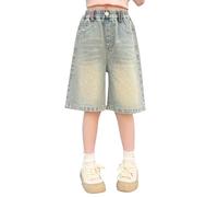 Pantaloncini larghi per ragazze Pantaloni in denim lunghi al ginocchio per adolescenti gamba dritta larga jeans retrò elastici in vita vestiti con tasche casual Y2k Hip-Hop Athletic Joggers, Azzurro