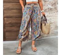 Pantaloncini midi con stampa bohémien per l'estate, lunghezza al ginocchio, design con laccetti su entrambi i lati, vita elastica per uno slancio della figura, adatti per vacanze estive, feste in camp