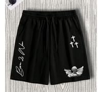 Pantaloncini neri da ragazzo adolescente con disegno di angeli e croci, con vita con coulisse e tasche 14Y,13Y,16Y,15YAnimale,Lettere,FarfallaPoliestere