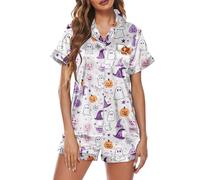 Pantaloncini pigiama set per le donne UK Plus Size Halloween fantasma stampa button down top e pantaloncini leggeri morbidi comodi due pezzi pigiama set donna pigiama loungewear natale pigiami Co Ords